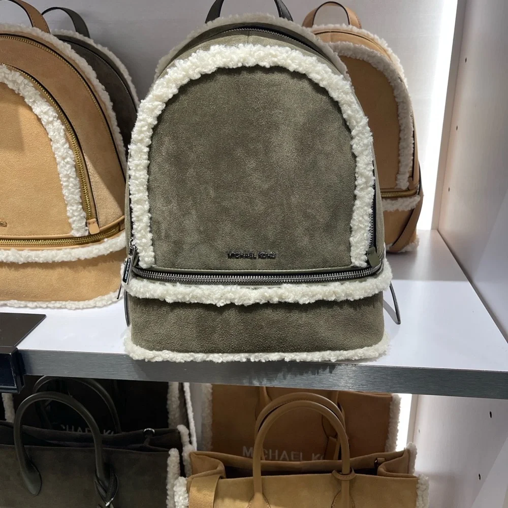 MICHAEL KORS Rhea Medium Suede and Faux Shearling Backpack Olive NWT